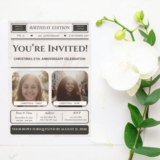 Invitation anniversaire moderne journal photo pers