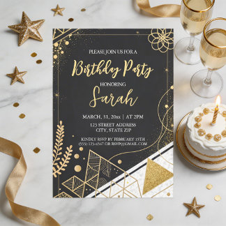 Invitation anniversaire moderne noir et or paillettes de luxe