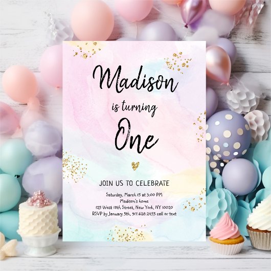 Invitation Anniversaire moderne Pastel Rainbow Pink Gold