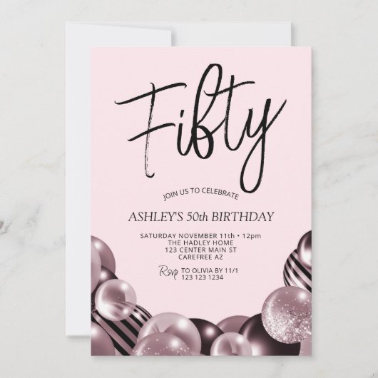 Invitation Anniversaire moderne rose et noir 50e (Devant)