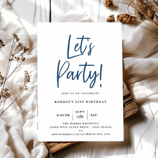Invitation Anniversaire Moderne Script Bleu Faisons la Fête