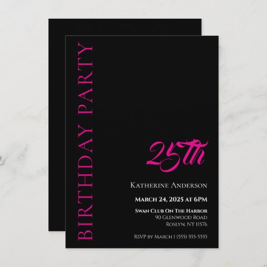 Invitation Anniversaire moderne simple noir blanc et rose (Devant / Derrière)