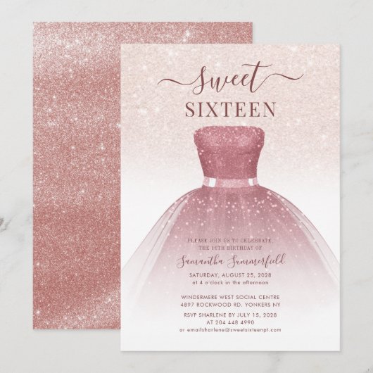 Invitation Anniversaire Moderne Sweet 16 Rose Gold Script Pai (Devant / Derrière)