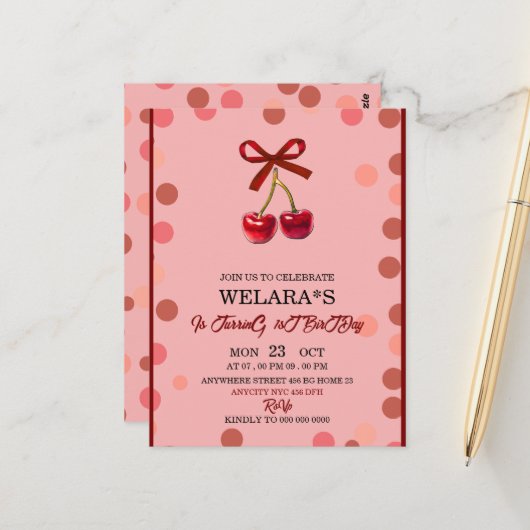 Invitation anniversaire modifiable Cherry 1er anni (Devant/Arrière en situation)
