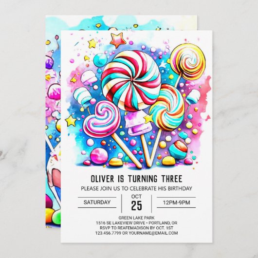 Invitation Anniversaire modifiable de Candyland moderne (Devant / Derrière)