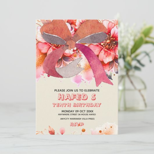 Invitation Anniversaire modifiable dixième Coquette Bow rose  (Debout devant)