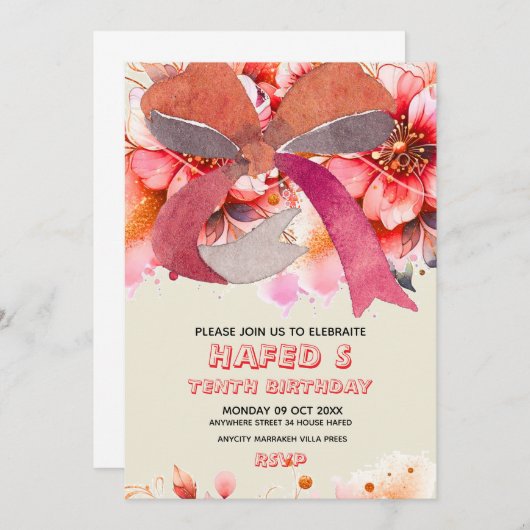 Invitation Anniversaire modifiable dixième Coquette Bow rose  (Devant / Derrière)