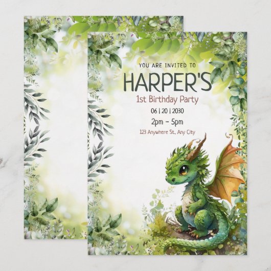 Invitation anniversaire modifiable Dragon 1er anni (Devant / Derrière)