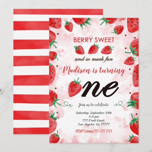 Invitation anniversaire modifiable fraise (Devant / Derrière)