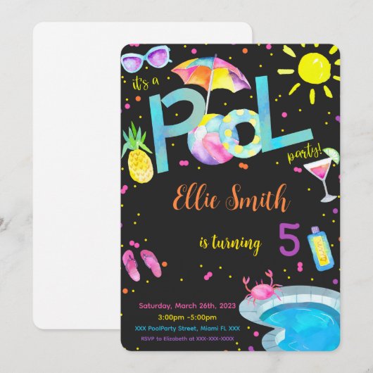 Invitation anniversaire modifiable pour piscine (Devant / Derrière)