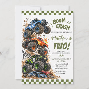 Invitation Anniversaire Monster Truck Boom Crash à Damier