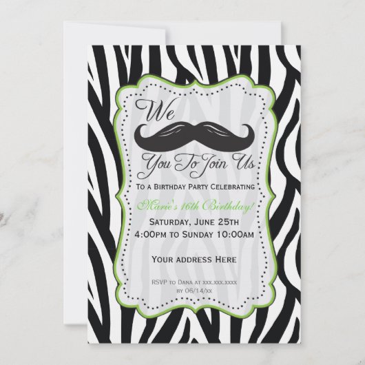 Invitation Anniversaire Moustache de Zèbre - Noir & Vert Citr (Devant)