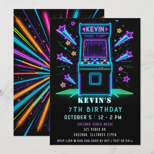 Invitation Anniversaire Neon Arcade Fun Gaming (Devant / Derrière)