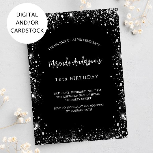 Invitation Anniversaire noir argent parties scintillant glamo