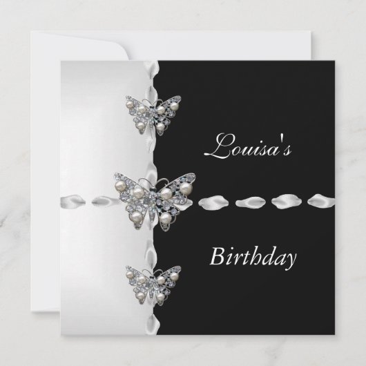 Invitation Anniversaire Noir Blanc Argent Perle Pa (Devant)