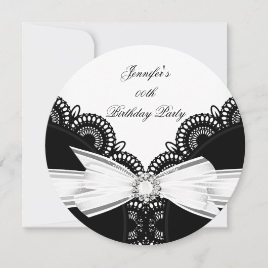 Invitation Anniversaire Noir Blanc dentelle Diamant Top 2 (Devant)