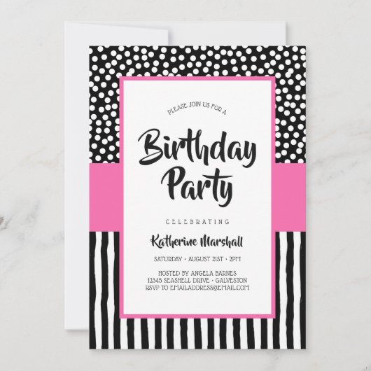Invitation Anniversaire noir blanc et rose (Devant)