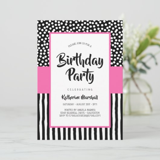 Invitation Anniversaire noir blanc et rose (Debout devant)