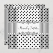 Invitation Anniversaire Noir Blanc Pearl Polka Dot (Devant / Derrière)