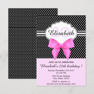 Invitation Anniversaire noir blanc pois rose