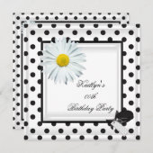 Invitation Anniversaire Noir Blanc Polka Dot Daisy (Devant / Derrière)