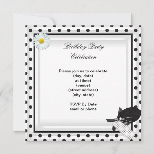 Invitation Anniversaire Noir Blanc Polka Dot Daisy (Dos)
