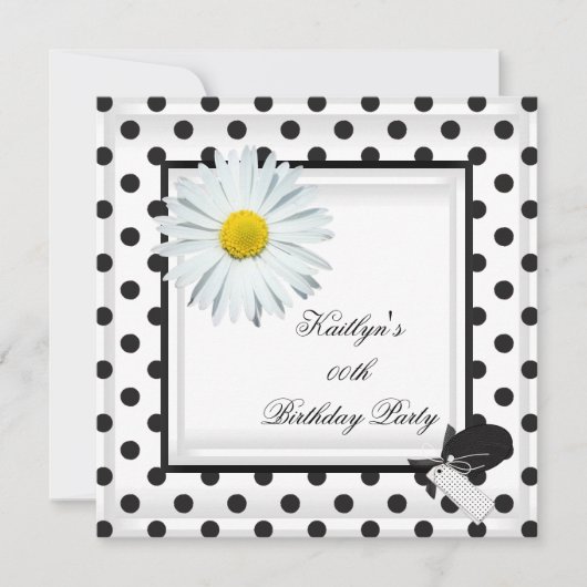 Invitation Anniversaire Noir Blanc Polka Dot Daisy (Devant)