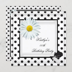 Invitation Anniversaire Noir Blanc Polka Dot Daisy