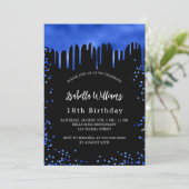 Invitation Anniversaire noir bleu royal gouttes de luxe (Debout devant)