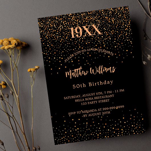 Invitation Anniversaire noir confetti année naissance luxe