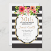 Invitation Anniversaire noir et blanc de rayure de fleur (Devant)
