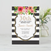 Invitation Anniversaire noir et blanc de rayure de fleur (Debout devant)