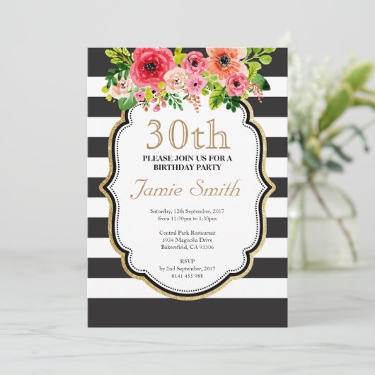 Invitation Anniversaire noir et blanc de rayure de fleur (Debout devant)