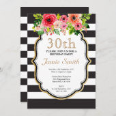 Invitation Anniversaire noir et blanc de rayure de fleur (Devant / Derrière)