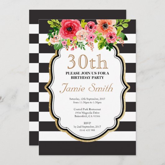 Invitation Anniversaire noir et blanc de rayure de fleur (Devant / Derrière)