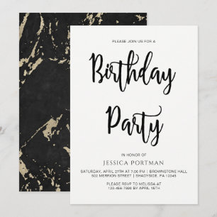 Invitation Anniversaire Noir et Blanc Faux Gold Marble