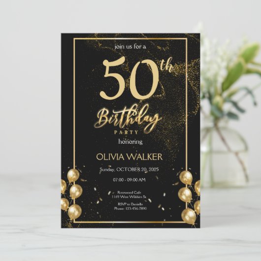 Invitation Anniversaire noir et or (Debout devant)