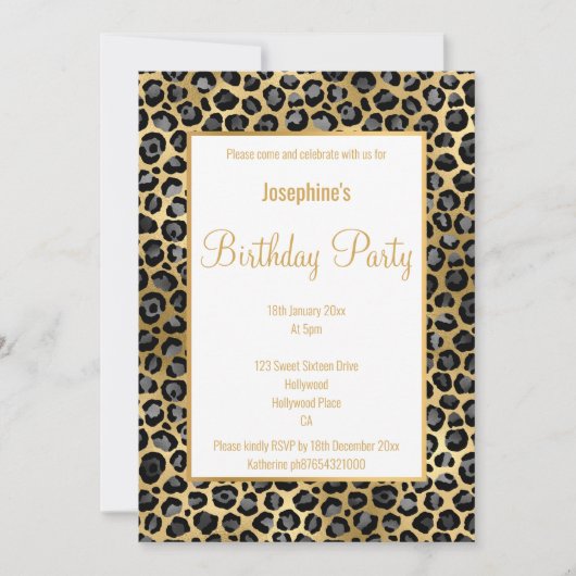 INVITATION ANNIVERSAIRE NOIR ET OR LEOPARD (Devant)