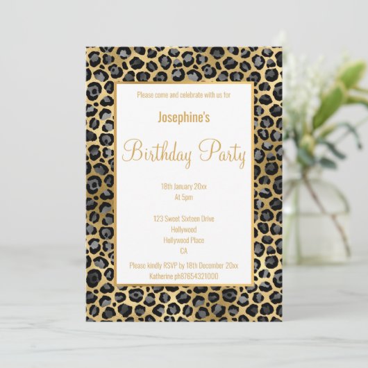 INVITATION ANNIVERSAIRE NOIR ET OR LEOPARD (Debout devant)