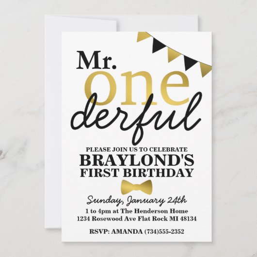 Invitation anniversaire noir et or M. Onederful (Devant)
