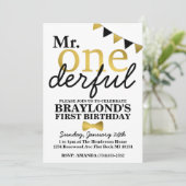 Invitation anniversaire noir et or M. Onederful (Debout devant)