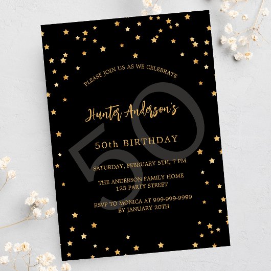Invitation Anniversaire noir étoiles numéro luxe
