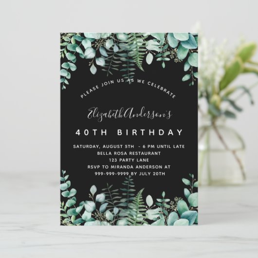 Invitation Anniversaire noir eucalyptus verdure bois (Debout devant)