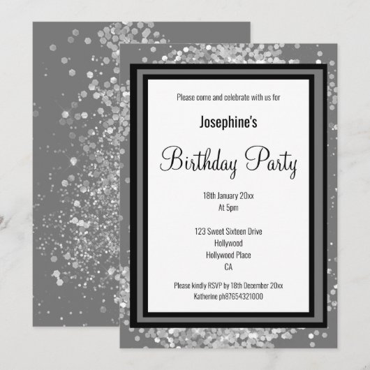 INVITATION ANNIVERSAIRE NOIR HOLOGRAPHIQUE EN ARGENT ÉLÉGANT (Devant / Derrière)