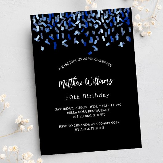 Invitation Anniversaire noir marine bleu confetti luxe