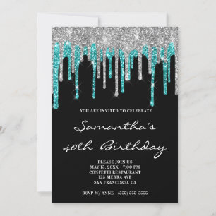 Invitation Anniversaire Noir Paillettes Cyan Argent Brillante