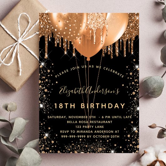 Invitation Anniversaire noir parties scintillant or gouttes b