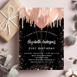 Invitation Anniversaire noir rose or parties scintillant ball<br><div class="desc">Un arrière - plan noir. Décoré d'or rose,  de gouttes de parties scintillant blush,  de la peinture goutte à goutte et des ballons. Personnalisez et ajoutez un nom,  21 ans et les détails de la fête. Le nom est écrit avec un script de style manuscrit</div>