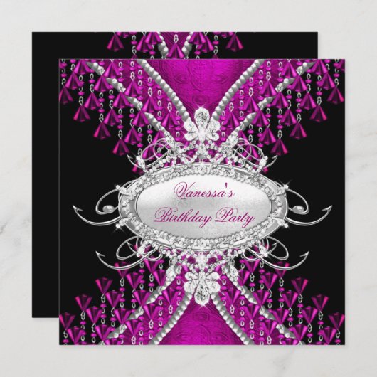Invitation Anniversaire Noir rose Plum perles Diamond (Devant / Derrière)