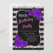 Invitation Anniversaire Noir rose rayures Parties scintillant (Devant)